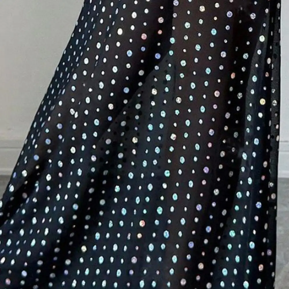 Women Sequin Skirt High Waist Midi Skirt with Sequin Decoration Double Layer Mesh Yarn Skirt Solid Color Clubwear Leg Shaping