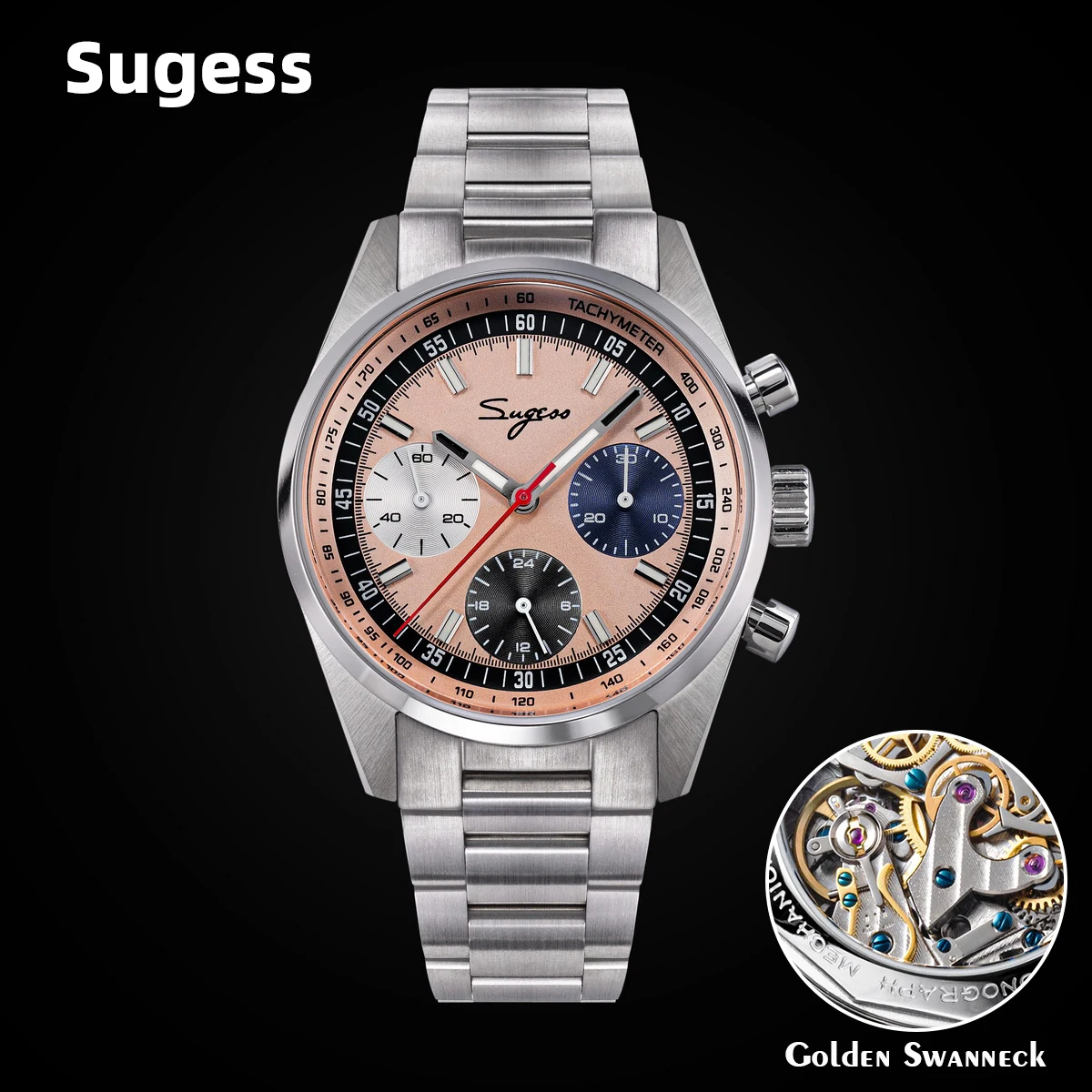 Sugess Mens Watch 38mm Chronograph Mechanical Wristwatches Tianjin Gooseneck Movement Sapphire Crystal Roulette Dials S465 New