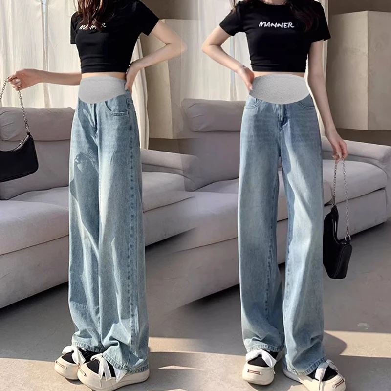 

Washed Vintage Blue Denim Maternity Baggy Jeans Retro Brushed Oversize Pants for Pregnant Women Ins Pregnancy Straight Trousers