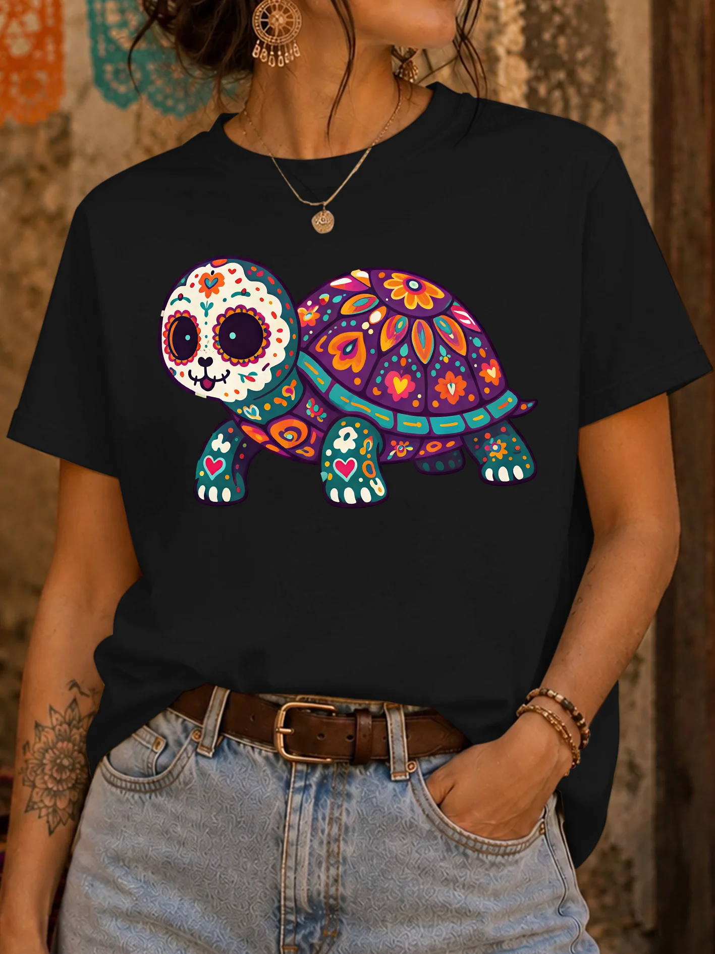 Sugar Skull Turtle Folk Art Womens Crew Neck Short Sleeve T Shirt Colorful Floral Cute Animal Graphic Tees For Ladies Daily Wear