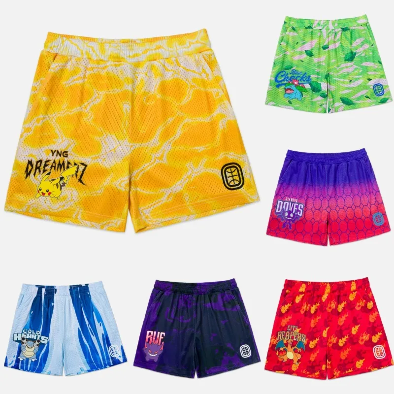 Anime Pokemon Pikachu & YNG DREAMERZ Print Unisex Mesh Athletic Shorts Casual Street Fashion Loose Fit Shorts for Men and Women