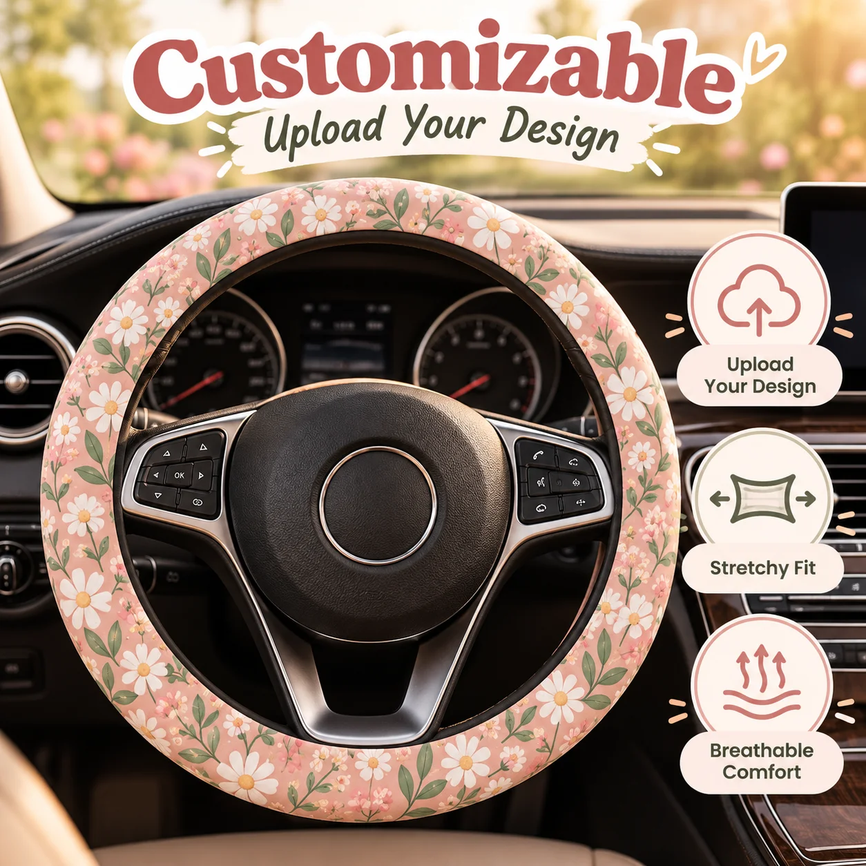 Custom Elastic Steering Wheel Cover, Personalized Image Print Car Steering Wheel Protector for Auto Interior Decoration