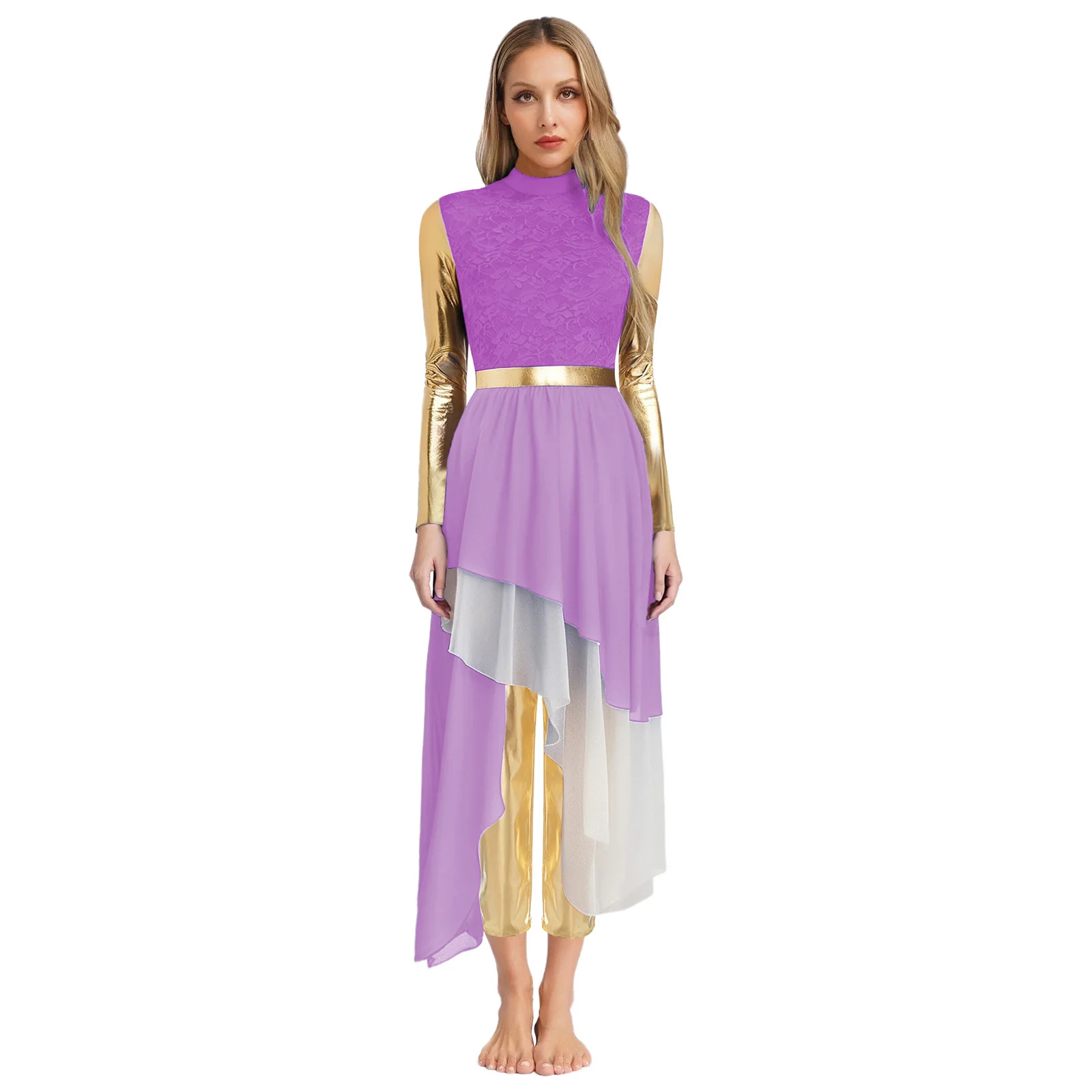 여자 liturgical 칭찬 댄스 복장 긴 소매 레이스 패치 워크 불규칙한 밑단 드레스 + 메탈릭 바지 교회 공연 댄스웨어