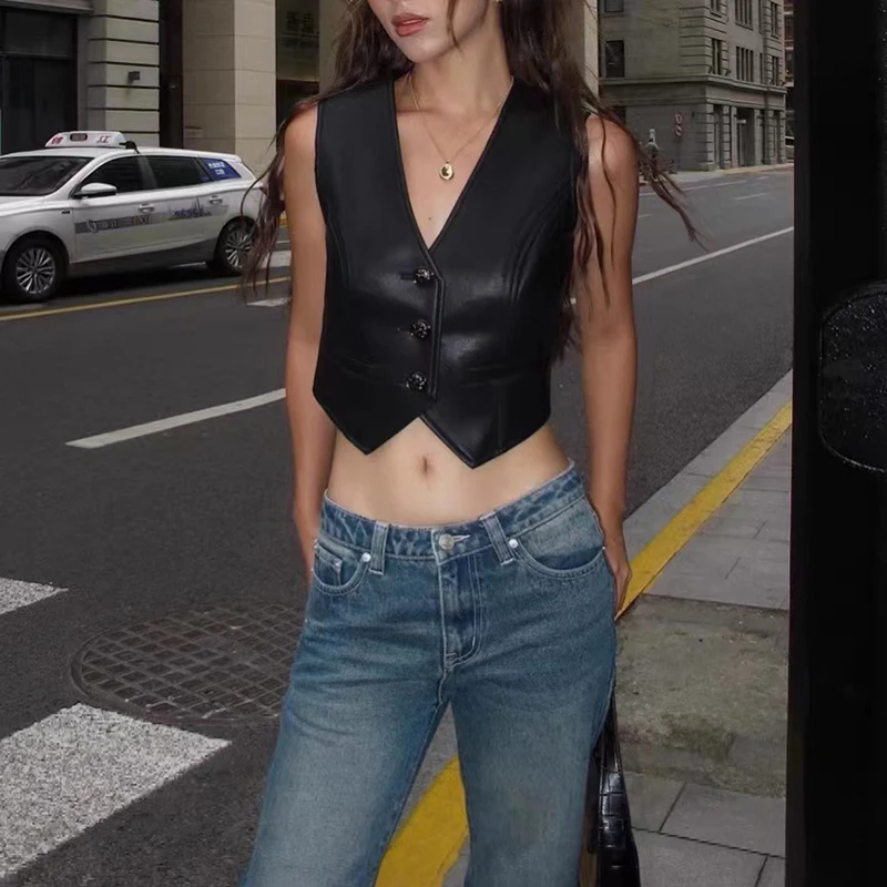 Leather Gilet Women 2026 Summer Sexy Fashion Sheepskin Black Suit Vest Coat European and American Style Loose Sleeveless Jacket
