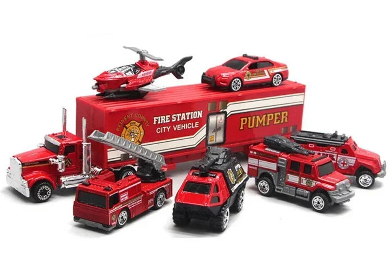 

7pcs/set Fire truck vehicle set Ladder fire truck Helicopter ambulance Container truck car Alloy toy collection model kids gift