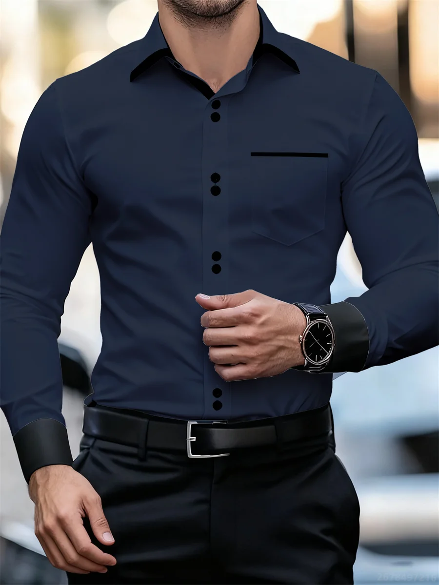 Zakelijk overhemd met lange mouwen voor heren, kleurblokken, slim fit, kreukvrij, zwart en wit patchwork overhemd, herenmode top