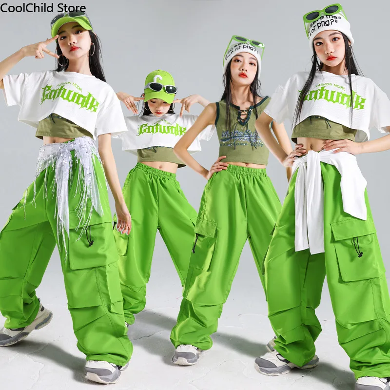 

Укороченный топ K-pop для девочек, зеленые брюки-карго, детские костюмы для уличных танцев в стиле хип-хоп, детская уличная одежда, комплекты одежды для девочек-группок, джазовых подростков