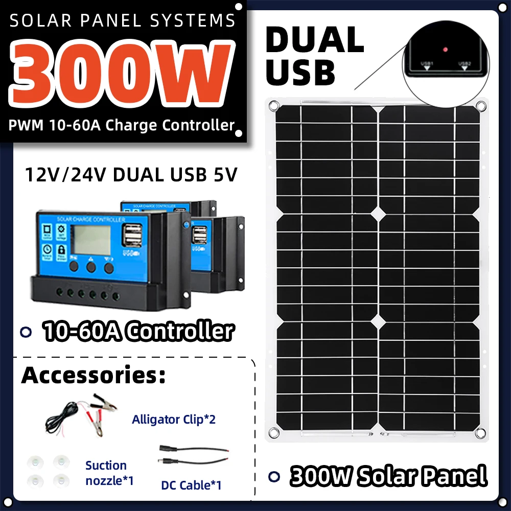 Solar Panel 300W 18V Cable Car Battery Solar Panel System Kit Portable Flexible Controller 2 USB Output Smart Camping