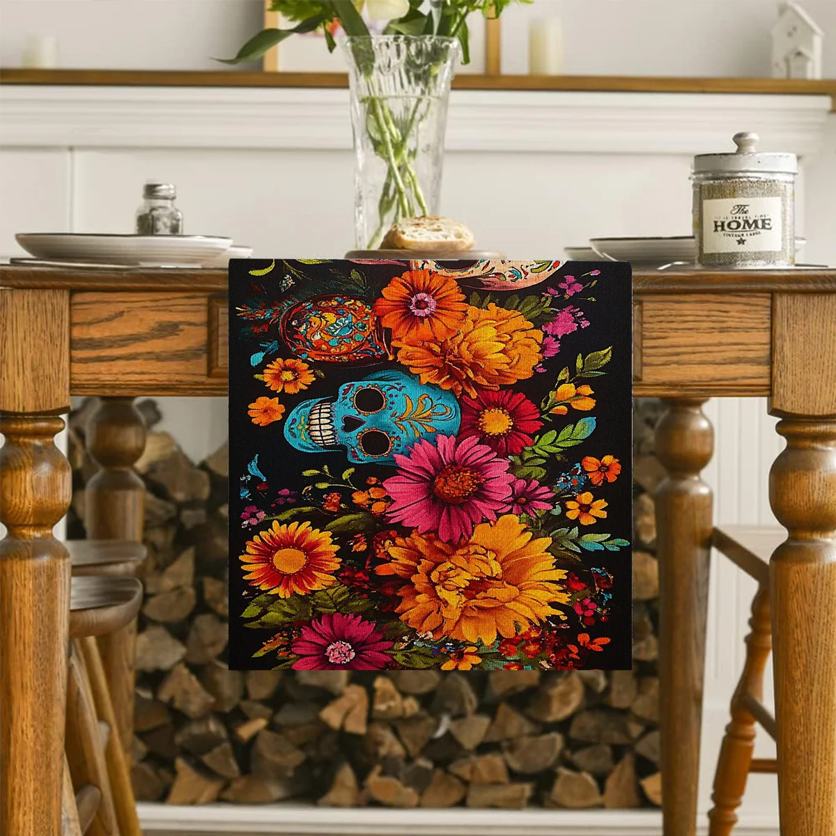 1Pc Halloween Themed Table Flag, Mexican Sugar Skull and Floral Design, Suitable for Parties, Restaurants, Homes, Markets, Holiday Decoration Scenes.