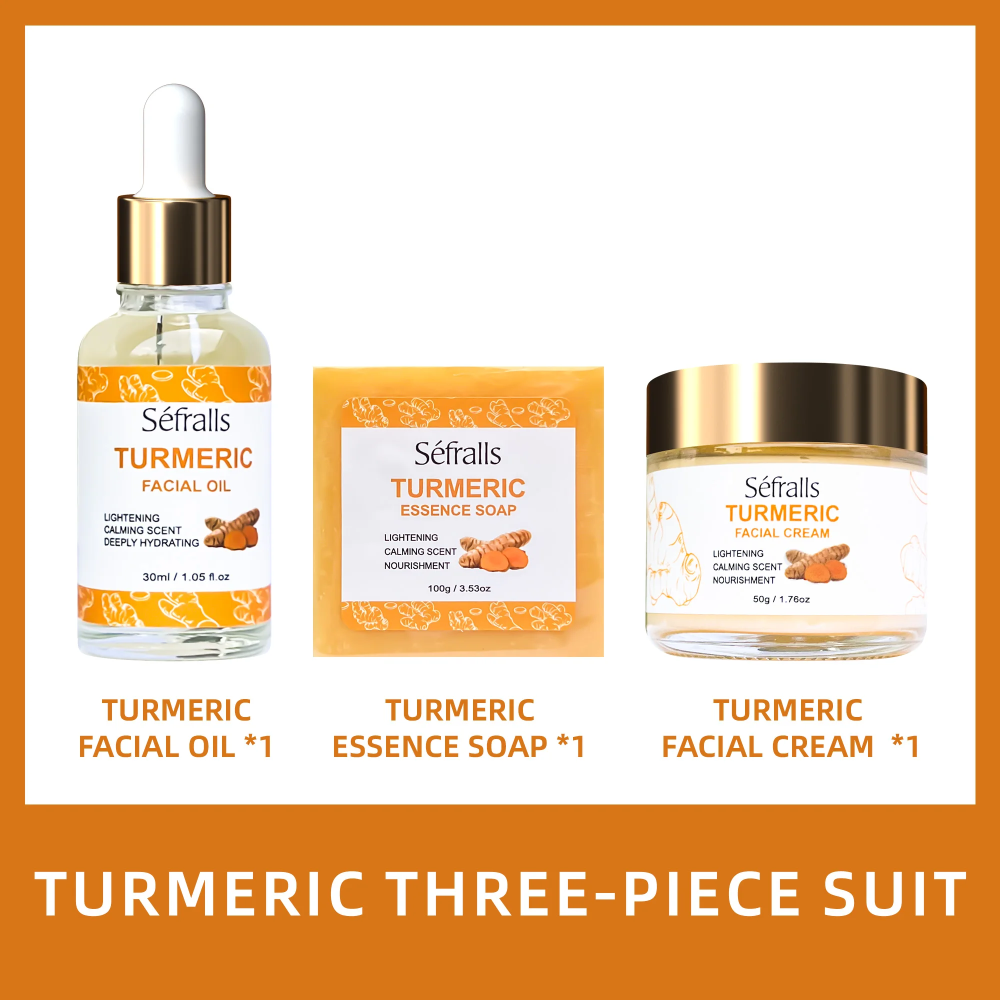 Séfralls Turmeric 3pcs Set (TURMERIC FACIAL CREAM TURMERIC ESSENCE SOAP TURMERIC FACIAL OIL) Plant Extract Cleaning Moisturising