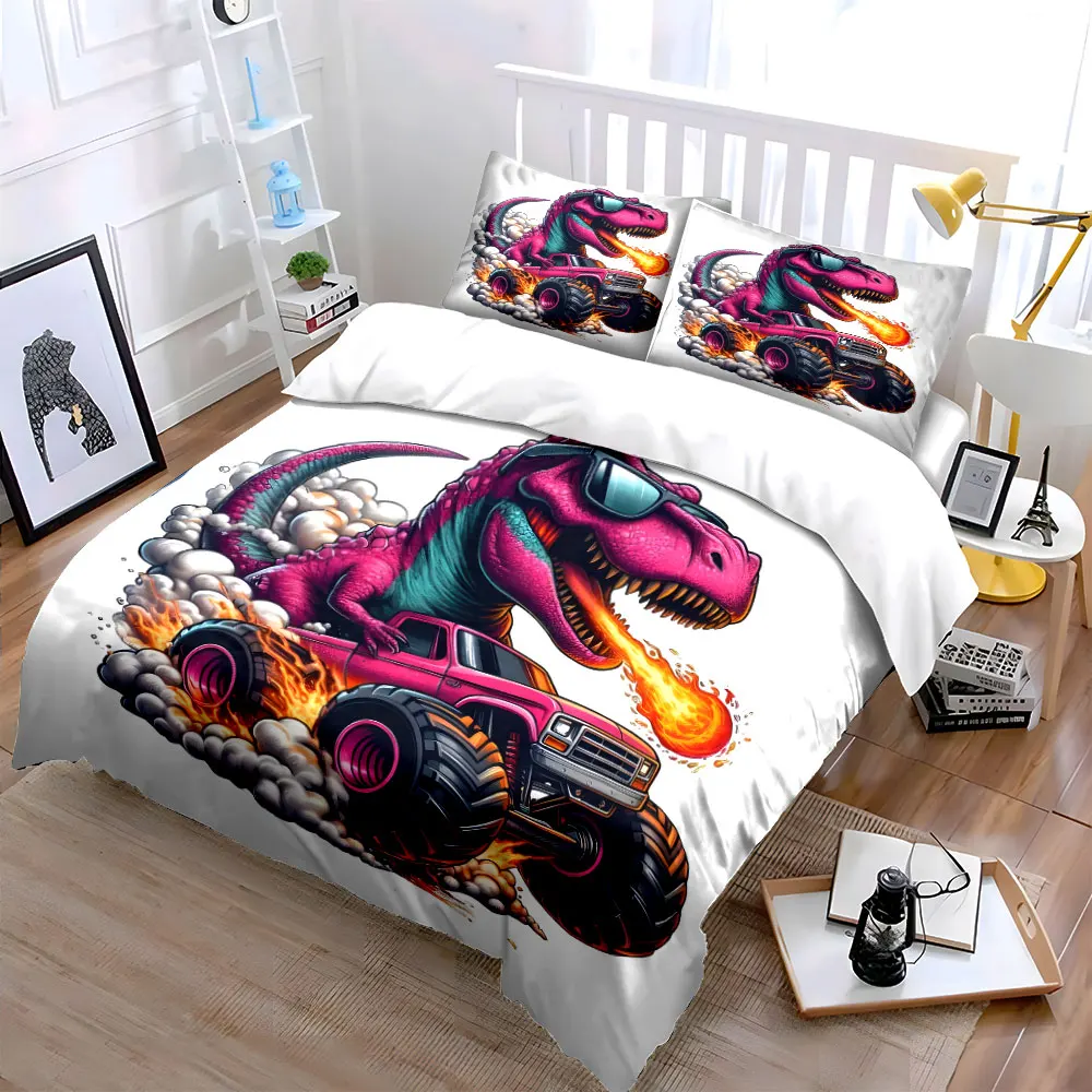 Pink dinosaur breathing fire, driving monster truck Bedding Set for Kids Luxury Gift 3pcs Digital Print Comforter Set Soft