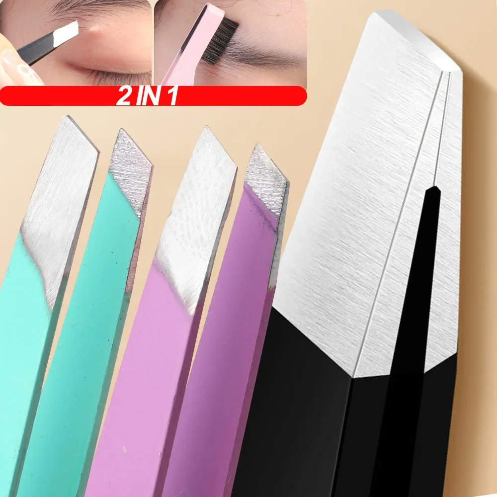 Double-ended Eyebrow Clips with Brush Stainless False Eyelashes Tweezers Colorful Slanted Eye Brow Clips Removal Makeup Tools