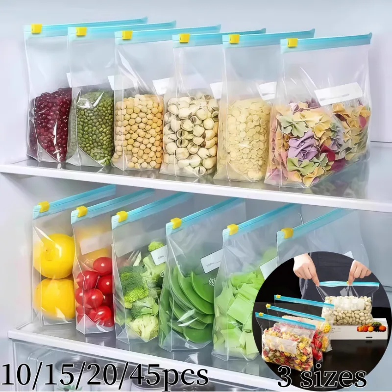 10-45pcs Reusable Food Storage Bags Thick Zip Lock Sealing Bag Multiple Sizes Freezer Bag Kitchen Refrigerator Camping Fresh