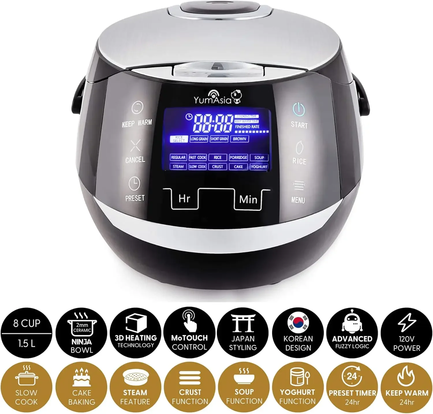 Sakura Rice Cooker with Ceramic Bowl and Advanced Fuzzy Logic (8 Cup, 1.5 Litre) 6 Rice Cook Functions, 6 Multicook Functions, M