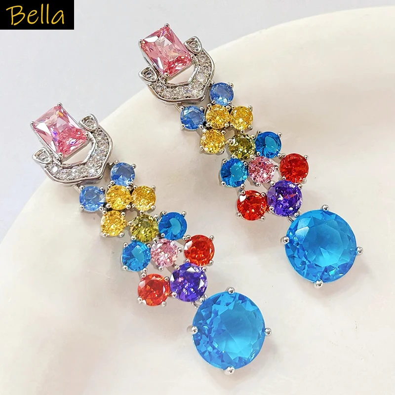 

Blue Earrings for Women Luxury Zirconia Jewelry Green Red Round Drop Dangling Earrings Unique Design Party Jewelry