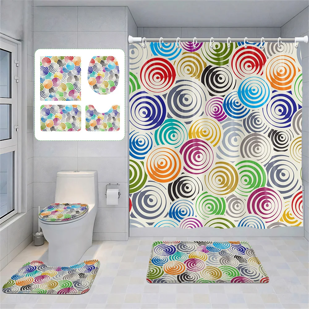 

Colorful Swirl Pattern 4-Piece Bathroom Set: Shower Curtain, Toilet Cover & Rugs, Multiple Colors, Fun Lively Decor