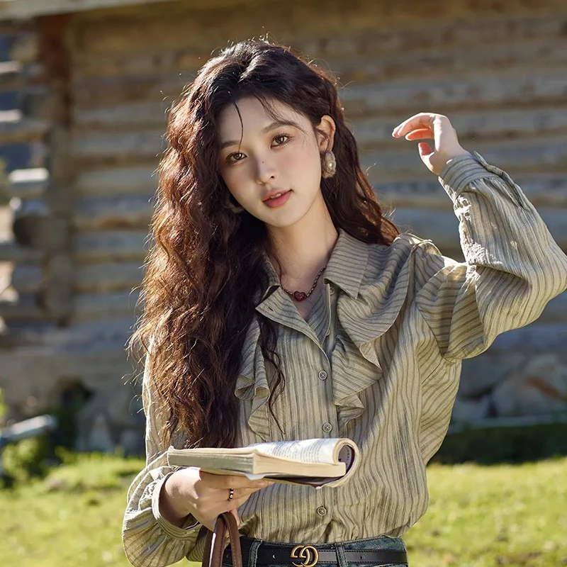 

Vintage Ruffles Women Shirt Korean Long Sleeve Striped Loose Casual Fall Blouse Elegant Aesthetic All Match Button Female Tops