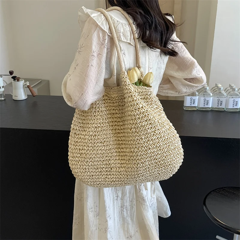 Large Straw Underarm Bags For Women 2024 Simple Korean Fashion Summer Shoulder Bags Lady Travel Handbags Females Weave Beach Bag