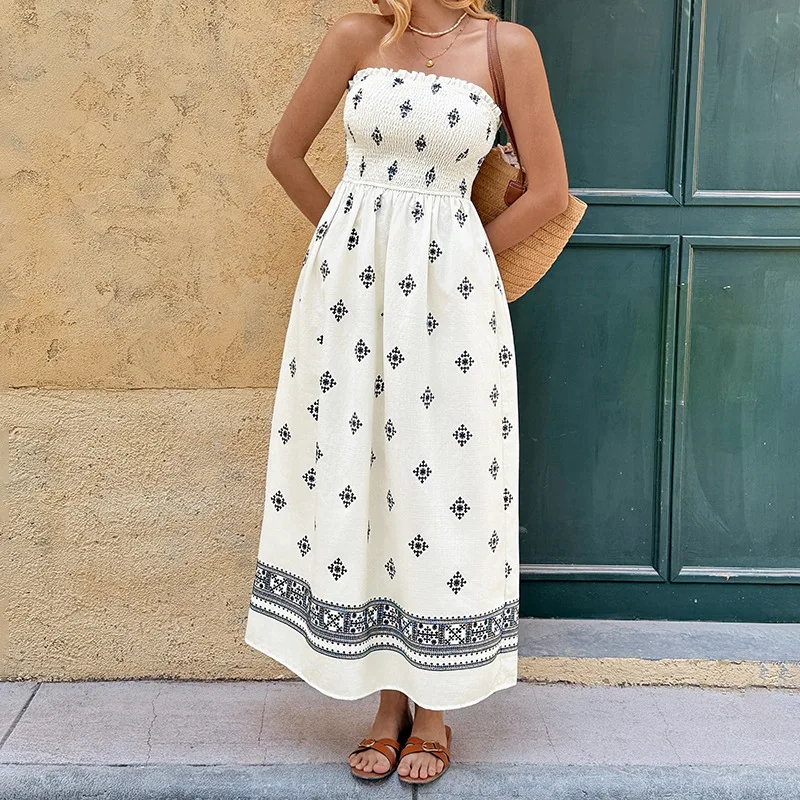 

Women Dresses Print Dress Chest Wrapping Backless Slash Neck Sleeveless Ankle Length Cinched Waist Casual 2026 Spring Summer