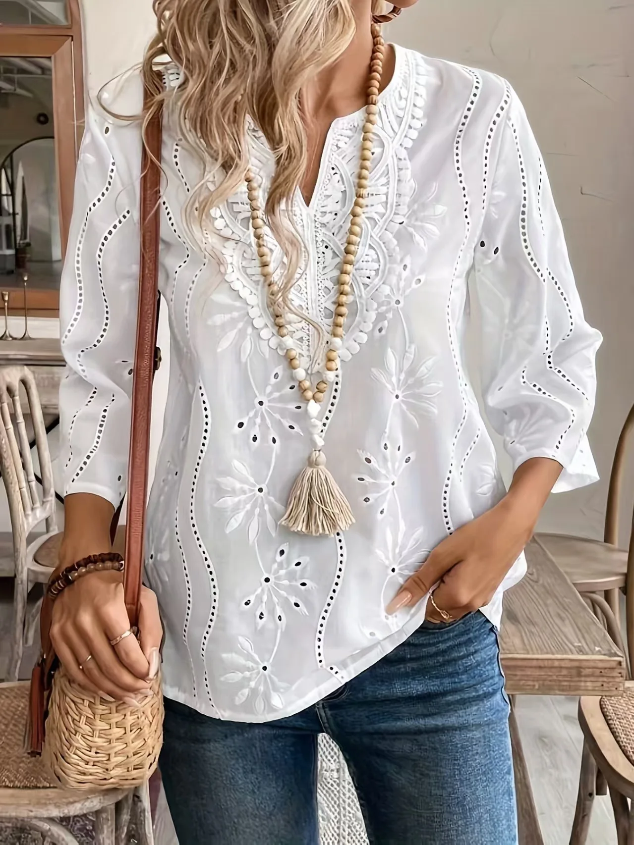 Women Boho Eyelet Embroidered Blouse V Neck 3/4 Puff Sleeve Loose Fit White Casual Summer Tunic Top