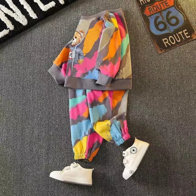 Frühling Kleinkind Baby kleidung Set Mode Graffiti Pullover und Hose Outfit Kinder Junge Mädchen Cartoon Bär oben und unten Trainings anzug