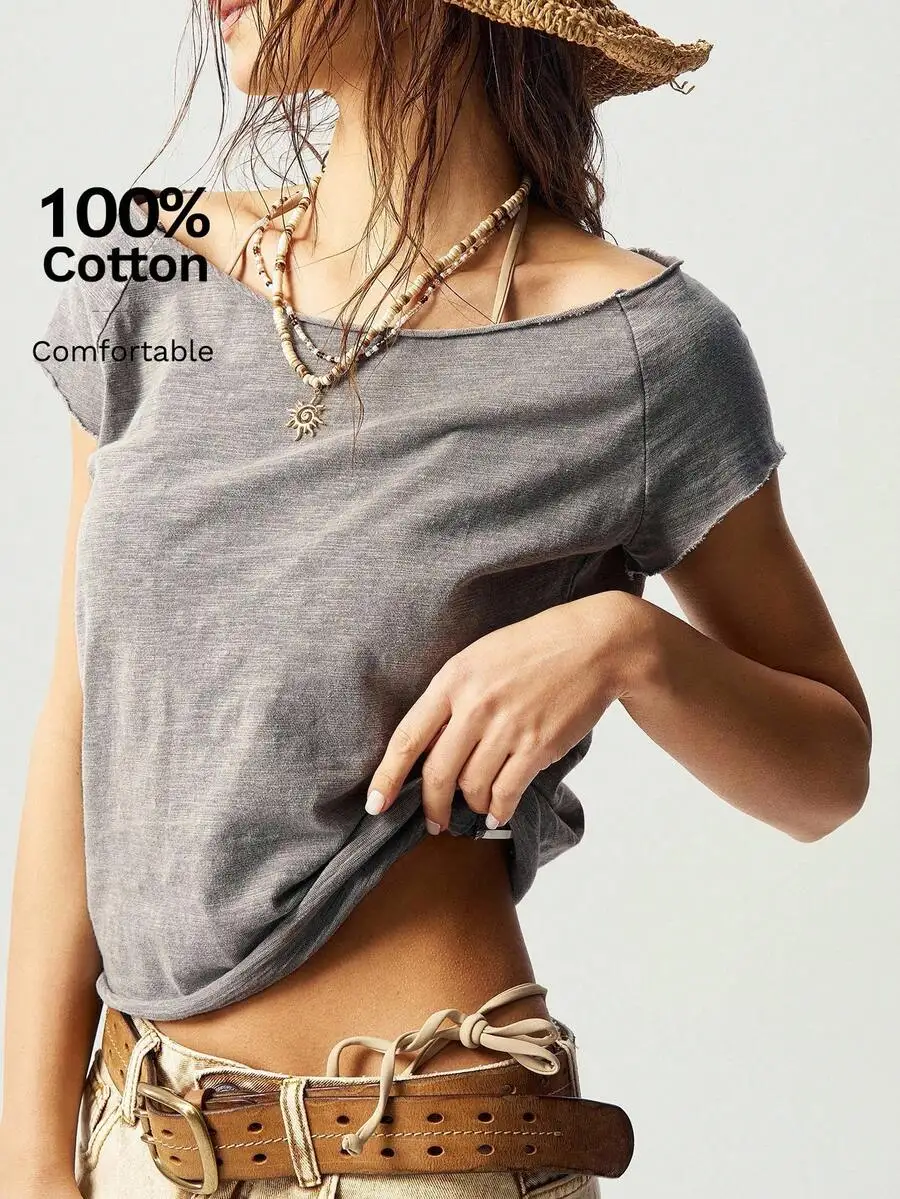 

Женская футболка из 100% хлопка с открытыми плечами и вырезом «лодочка», с коротким рукавом, удобный крой, землисто-серый топ для повседневной летней одежды