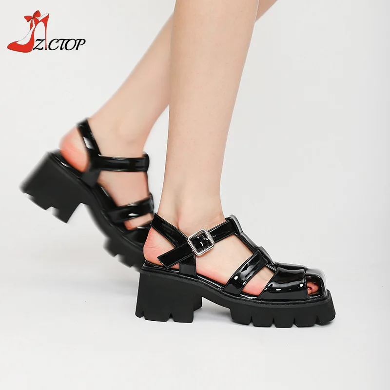 

Women Platform Sandals Closed Toe Roman Sandals Buckle Strap Black Thick Bottom Gladiator Shoes Summer Plus Size 42 43