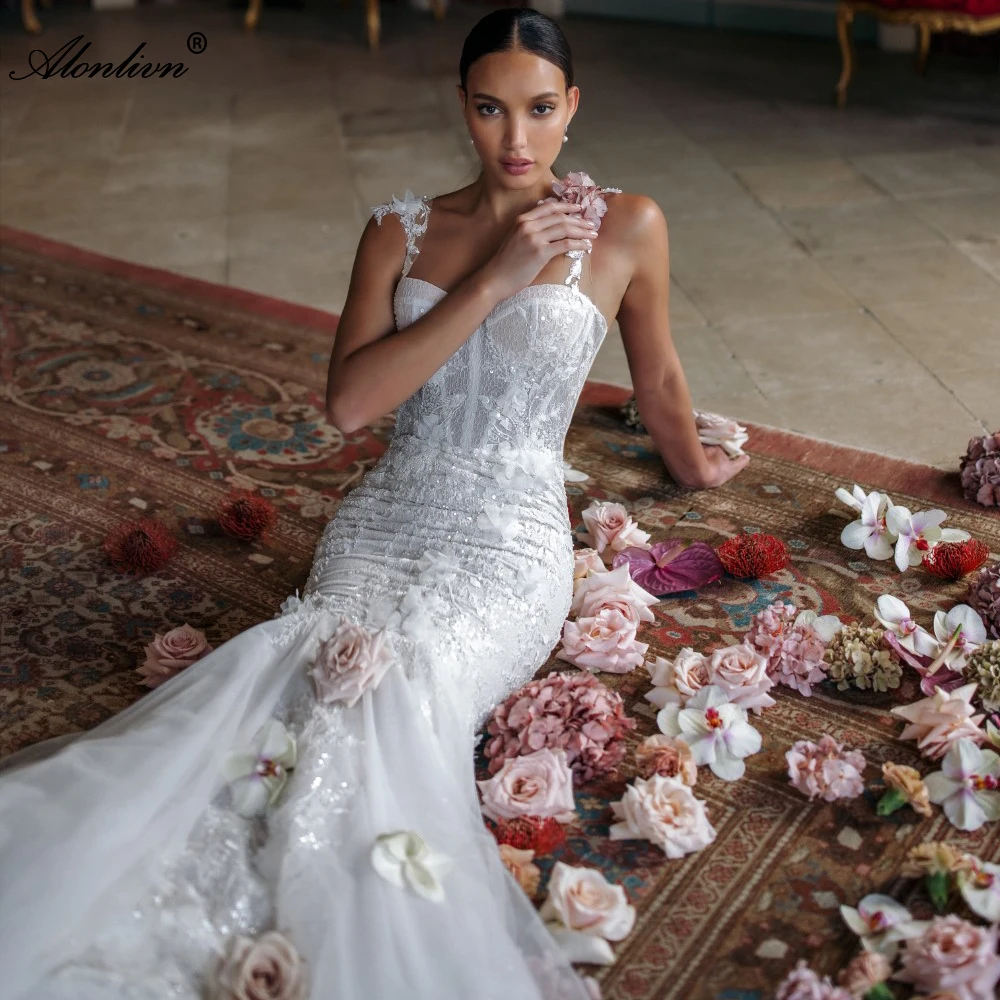 Alonlivn Alluring Mermaid Wedding Gown Made Of Shining Fabric Sweetheart Neckline Fantastic Deep Low-Back Bridal Dresses