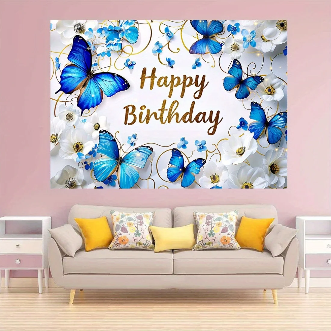 1 blauer Schmetterlingshintergrund, Happy Birthday, Blumendekoration, Sternschnuppe, Schmetterlingssegen, Dekoration für Themenpartys – Detail 5