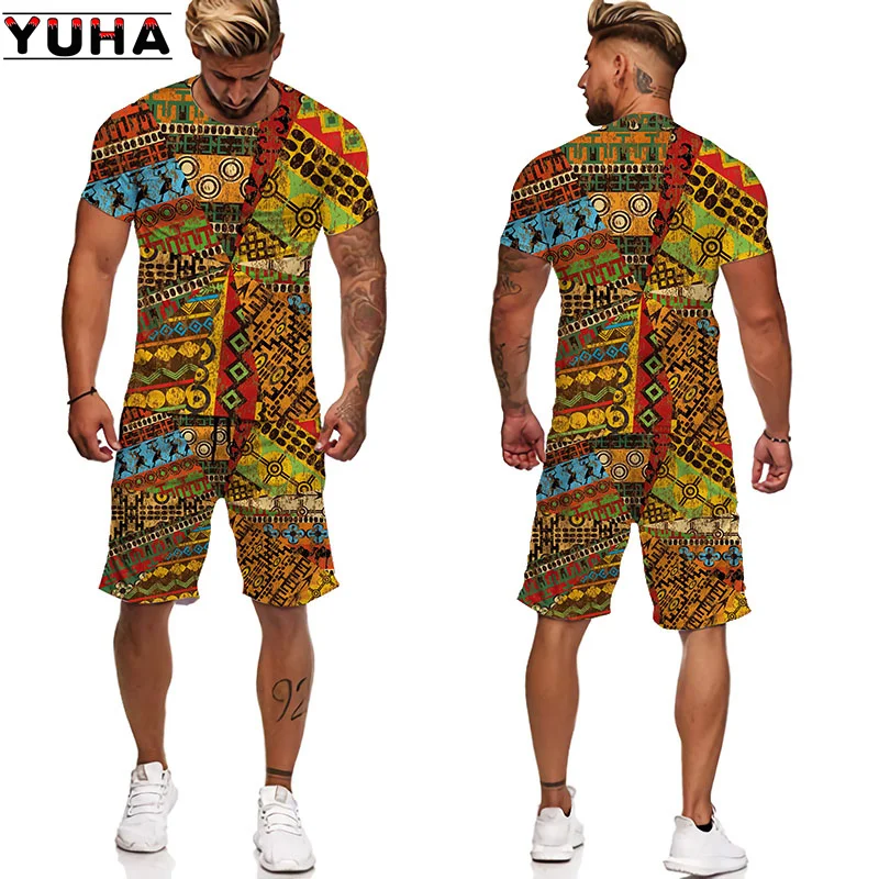 YUHA, set di t-shirt da donna/uomo con stampa 3D africana Africa Dashiki tuta da uomo/top/pantaloncini tuta sportiva e per il tempo libero estiva da