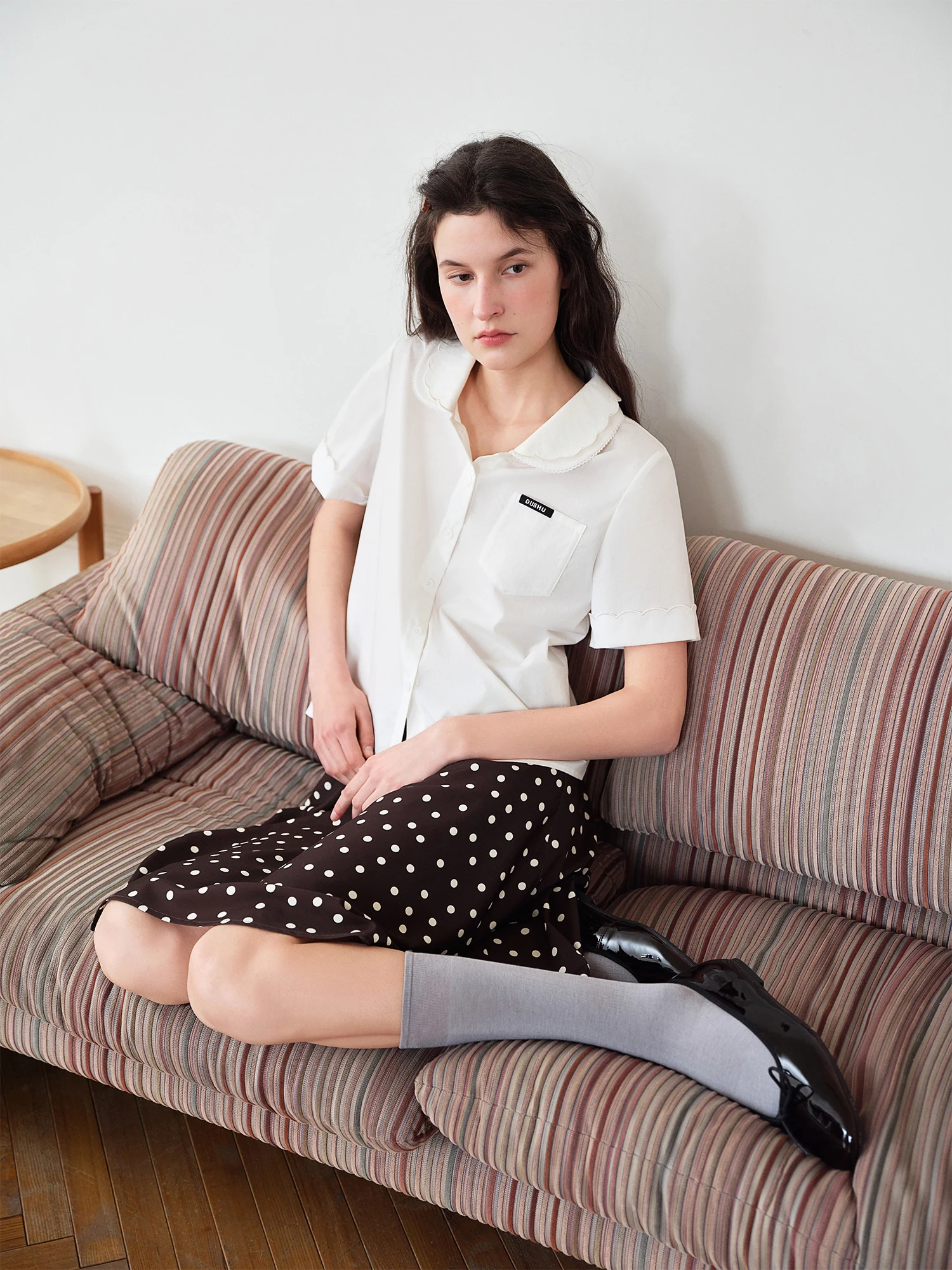 

Fre College Sle Doll Collar Double Layer irt Women's Summer 2026 Miu Series Unique Diary Single Stem Loose Fit Blouse