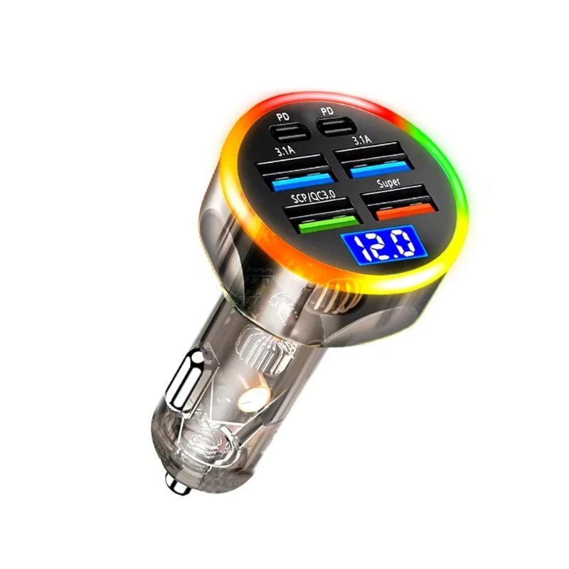 U13C Car Chargers 6 USB Ports Digital Monitor And LED Lights For Multiple Device