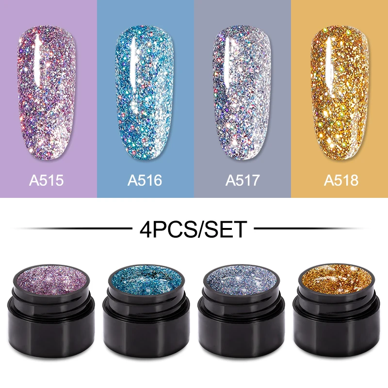 

ROSALIND 4PCS Set Shiny Rainbow Gel Bright For Nail Art Design Semi Permanent Base Top Coat UV Lamp Glitter Nail Gel Kit 5ml