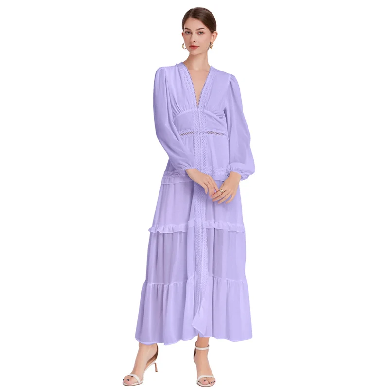 Lange Sve V-Ne Ruche Zoom Splice Grote Schommel Dr Nieuwe Herfst 2024 Ele Lady Sle Midi Rok Polyester Stof Lantaarn...