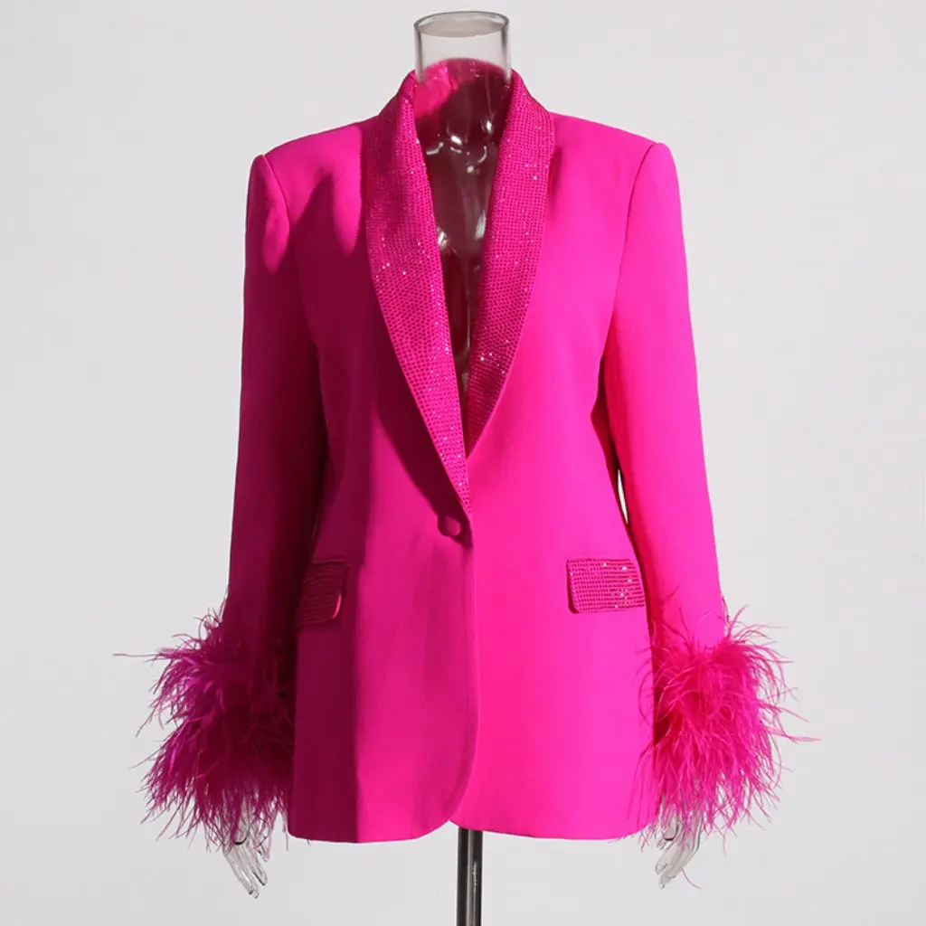 

New Women's Fashionable Blazer Small Fragrance Style Spliced Ostrich Feather with Bright Diamond Decorative Detail