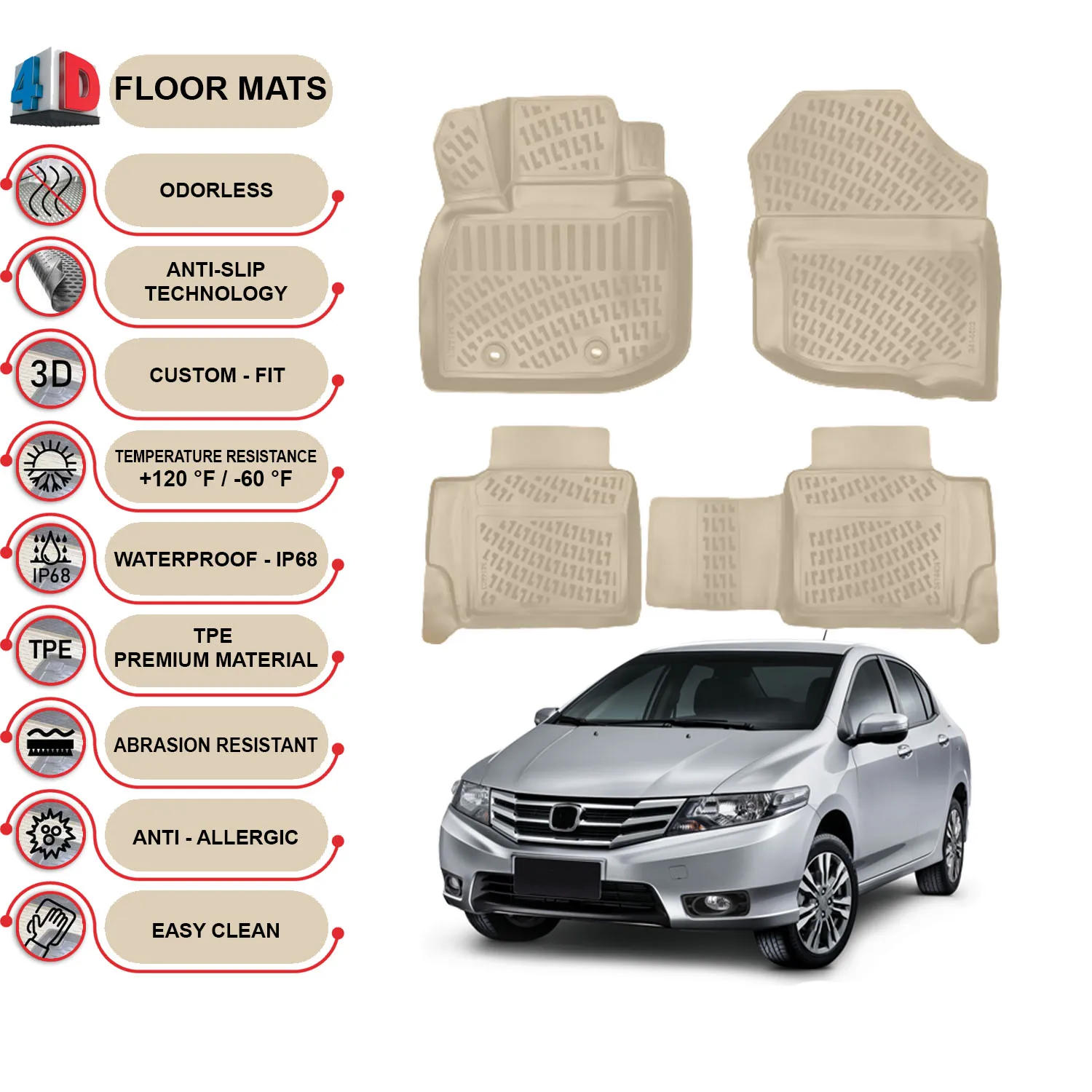 Honda City - (2009-2013) Floor Mats Liner Waterproof 3D - (Beige)