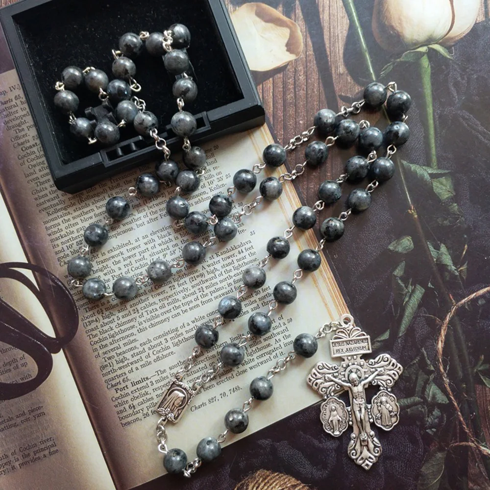 Black Stone Beads Chain St.Benedict Medalla Milagrosa Forgiveness Cross Pardon Crucifix Rosary Necklace Prayer Chaplet Jewelry