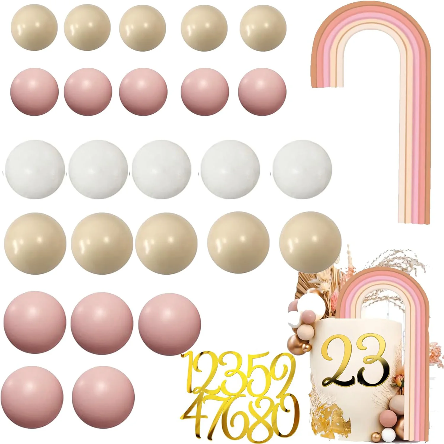 36pcs/set Boho Groovy Cake Toppers Balls Boho Rainbow Birthday Ckae DIY Decoration for Baby Shower Girl 1st Birthday Cake Decor