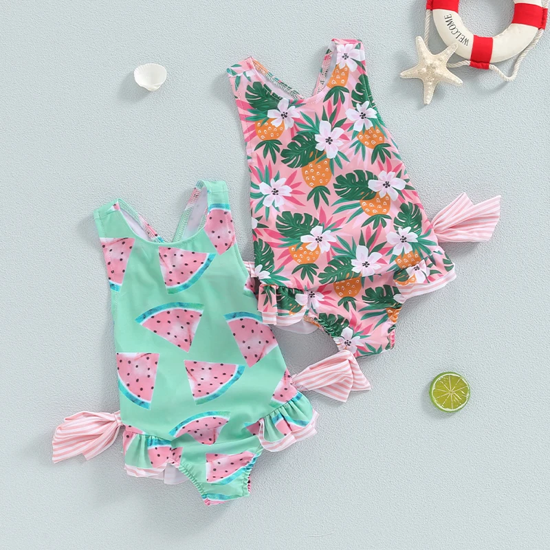 Blotona Toddler Girl Summer Swimsuit Cute Sleeveless Watermelon/Floral Print Bathing Suit Baby Bodysuit Swimwear