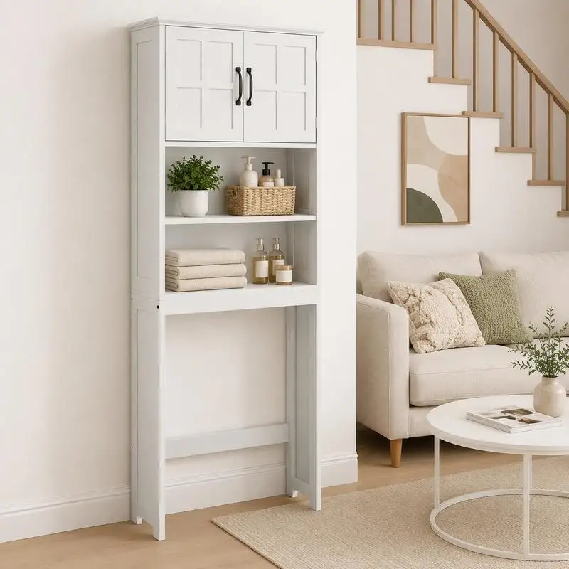 Meuble WC au-dessus des toilettes, armoire de rangement de salle de bain avec niches, placard à double porte, étagère réglable
