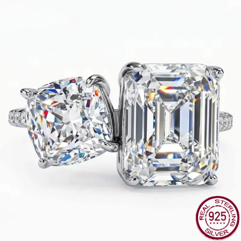 Yaranyan Vintage 100% 925 Sterling Silver 8 * 10 MM Emerald Cut Lab Sapphire High Carbon Diamonds Gemstone Ring Fine Jewelry