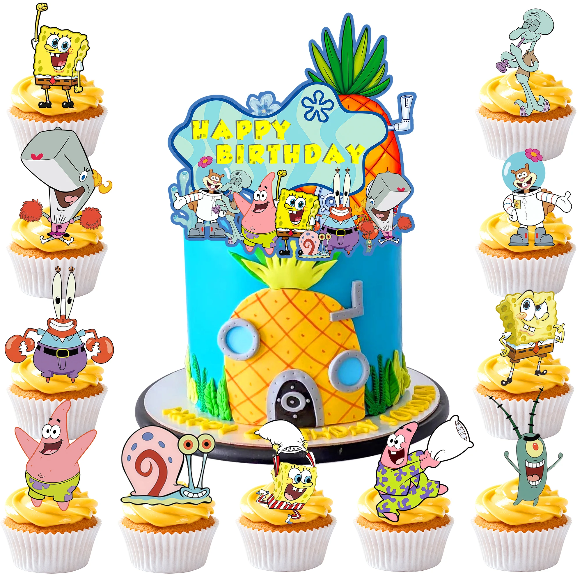 14-teiliges SpongeBob-Kuchendekorationsset – 1 große SpongeBob-Geburtstagstortendekoration & 13 SpongeBob-Cupcake-Topper für SpongeBob-Partydekorationen/SpongeBob-Geburtstagsdekorationen