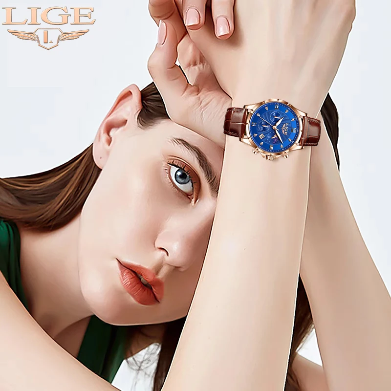 LIGE Fashion Elegant Quartz Womens Wristwatch Diamond Luxury Casual Leather ladies Watches Waterproof Calendar Relogios Feminino