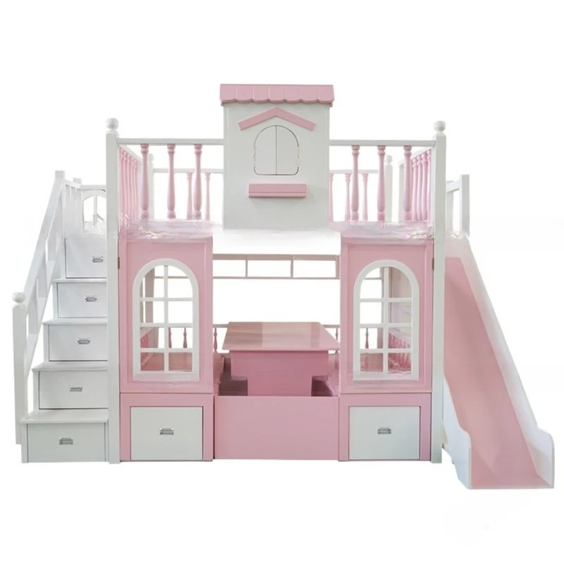 

Pink Princess Bed Under Table Solid Wood Children's Bed with Slide Storage Bed Double
