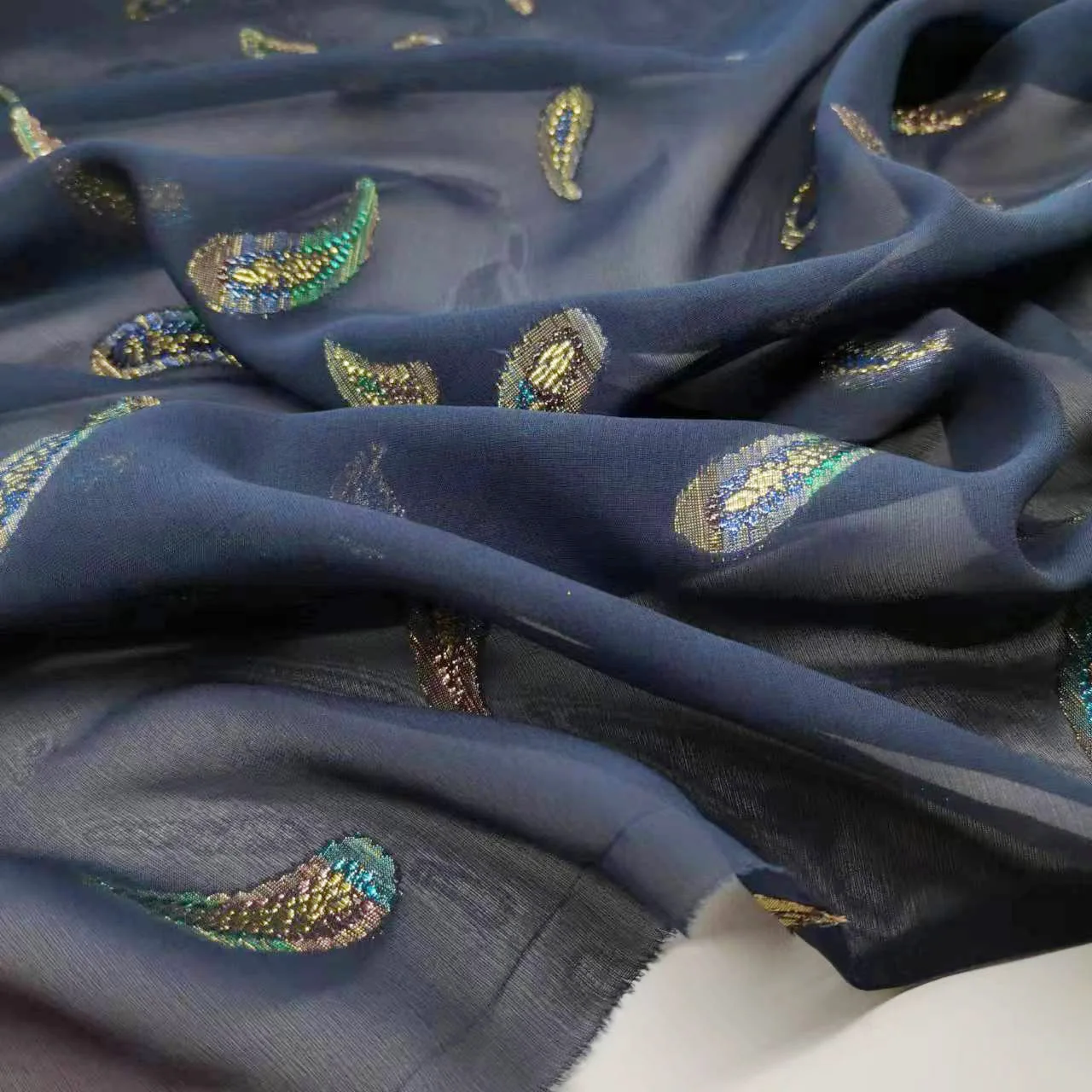 Navy Saree Fabric Shimmer Silk Metallic Shiny Hijab Scarf Craft DIY Sewing Material