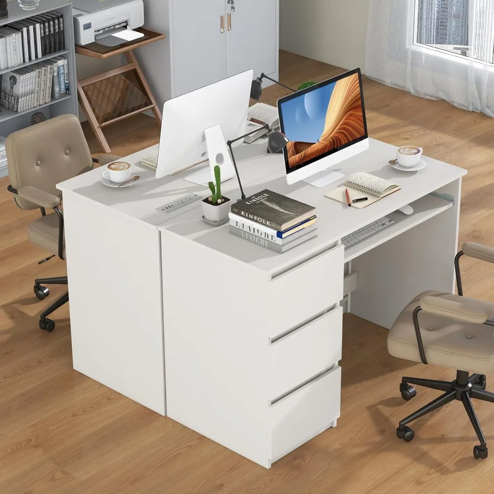 3つの収納引き出しと内蔵充電ステーションを備えたホームオフィスデスク、キーボードトレイ付きコンピューターデスク、学習机、ライティングデスク