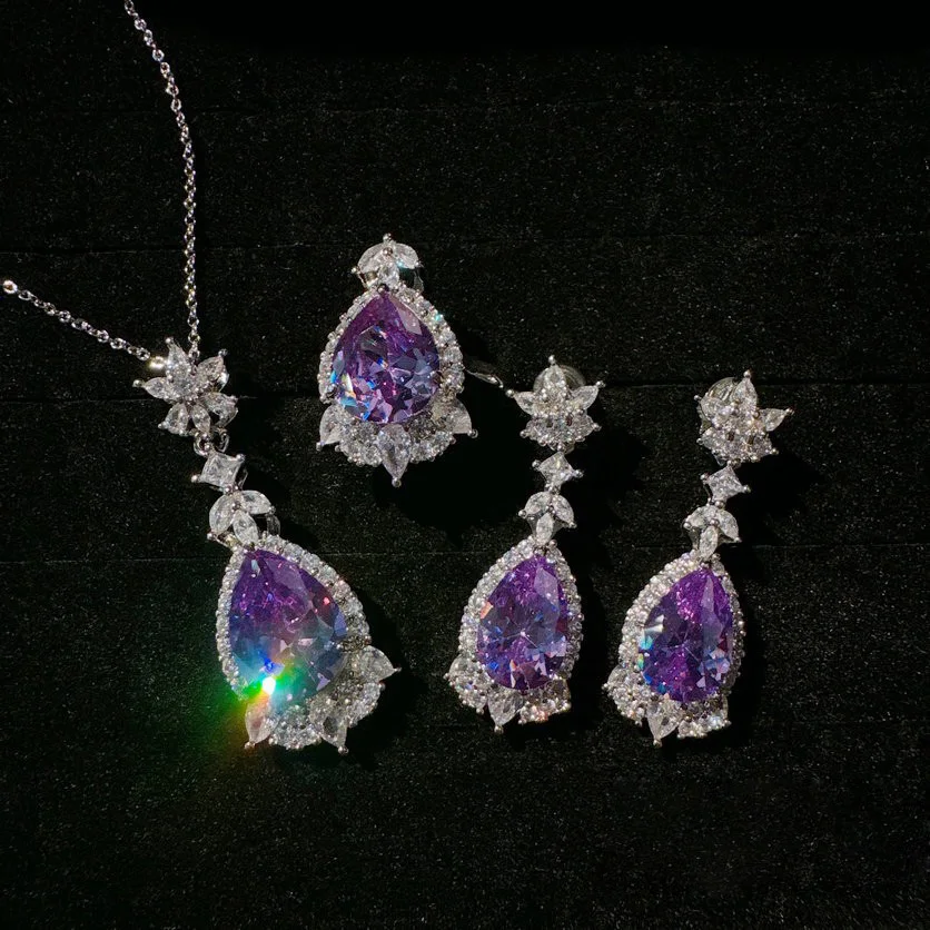 Uruguayan Peacock Purple Water Drop Gem Necklace Plated with 18K Gold Water Drop Earrings