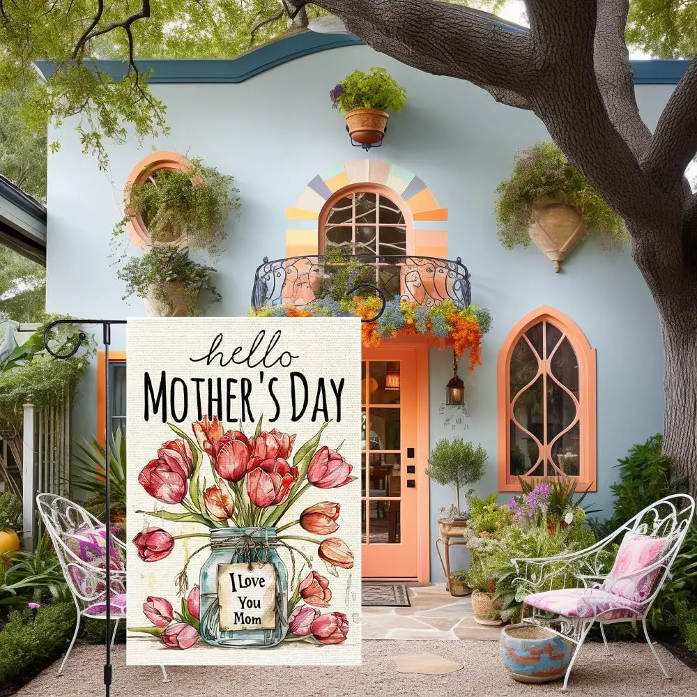 Happy Mother's Day Garden Flag 12x18 Inch Vertical Double Sided Burlap Small Floral Tulip Mason Jar Flower Home Yard Out WWP