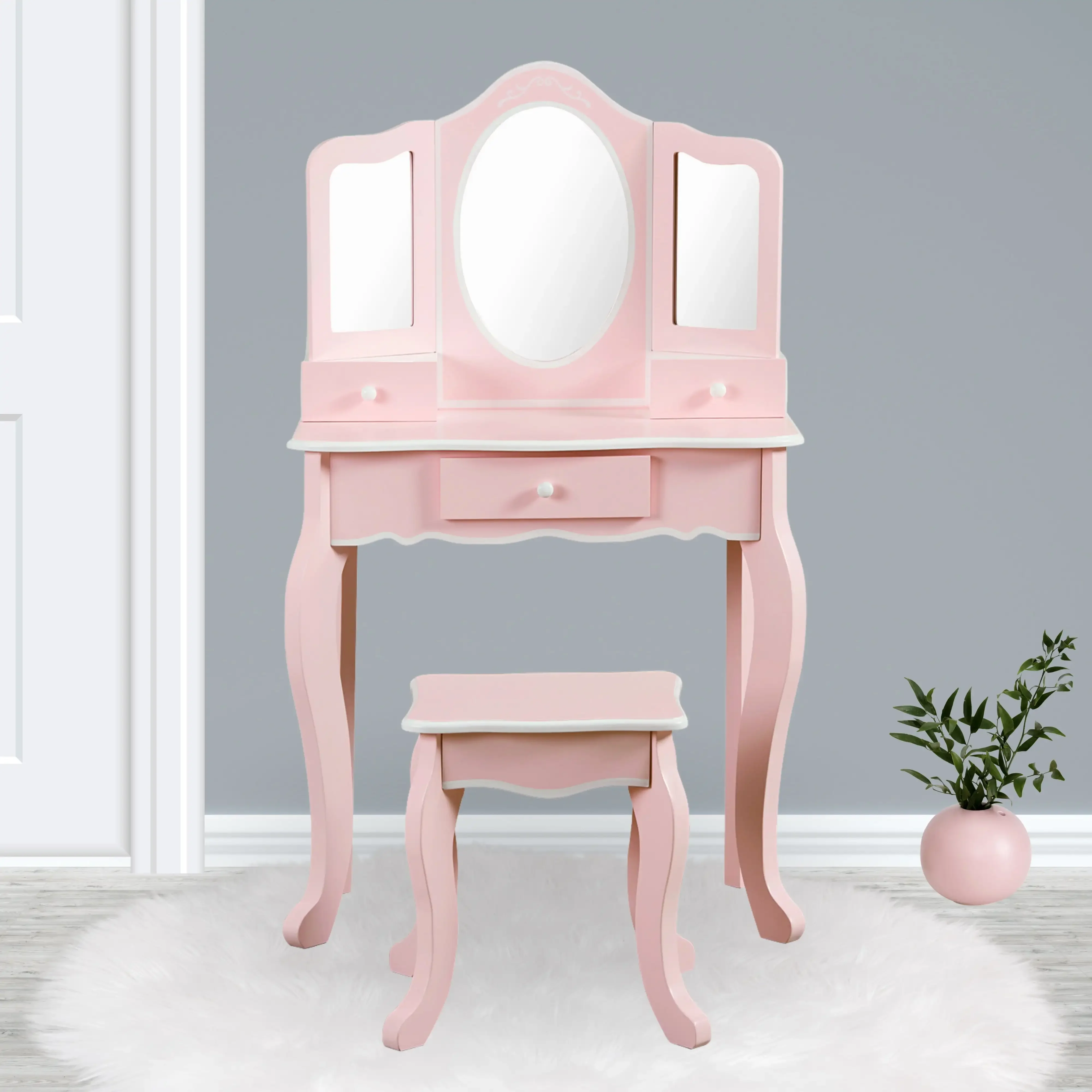

Vanity Table & Stool Set with Acrylic Tri-Fold Mirror, Pink