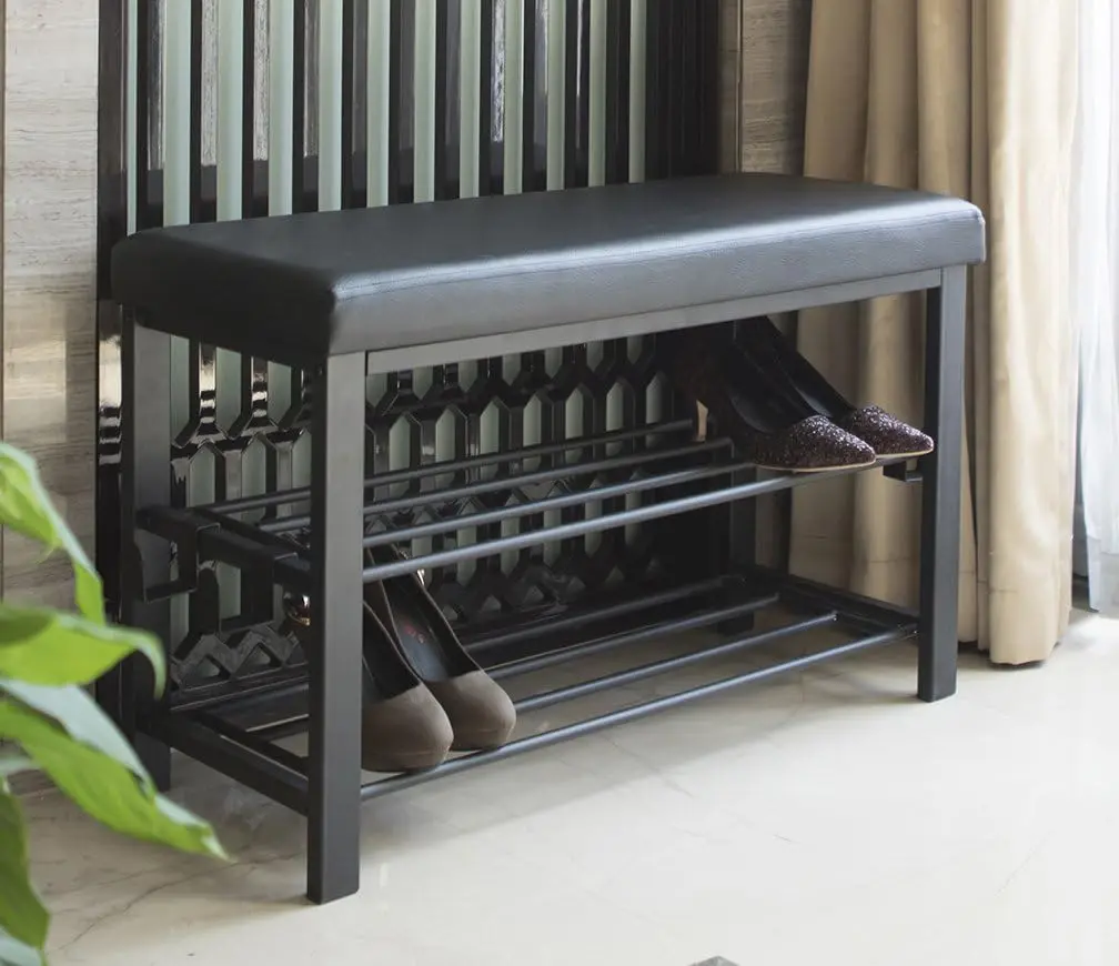 32inch Shoe Bench Storage Shoe Rack Cushion All Seasons Universal Black